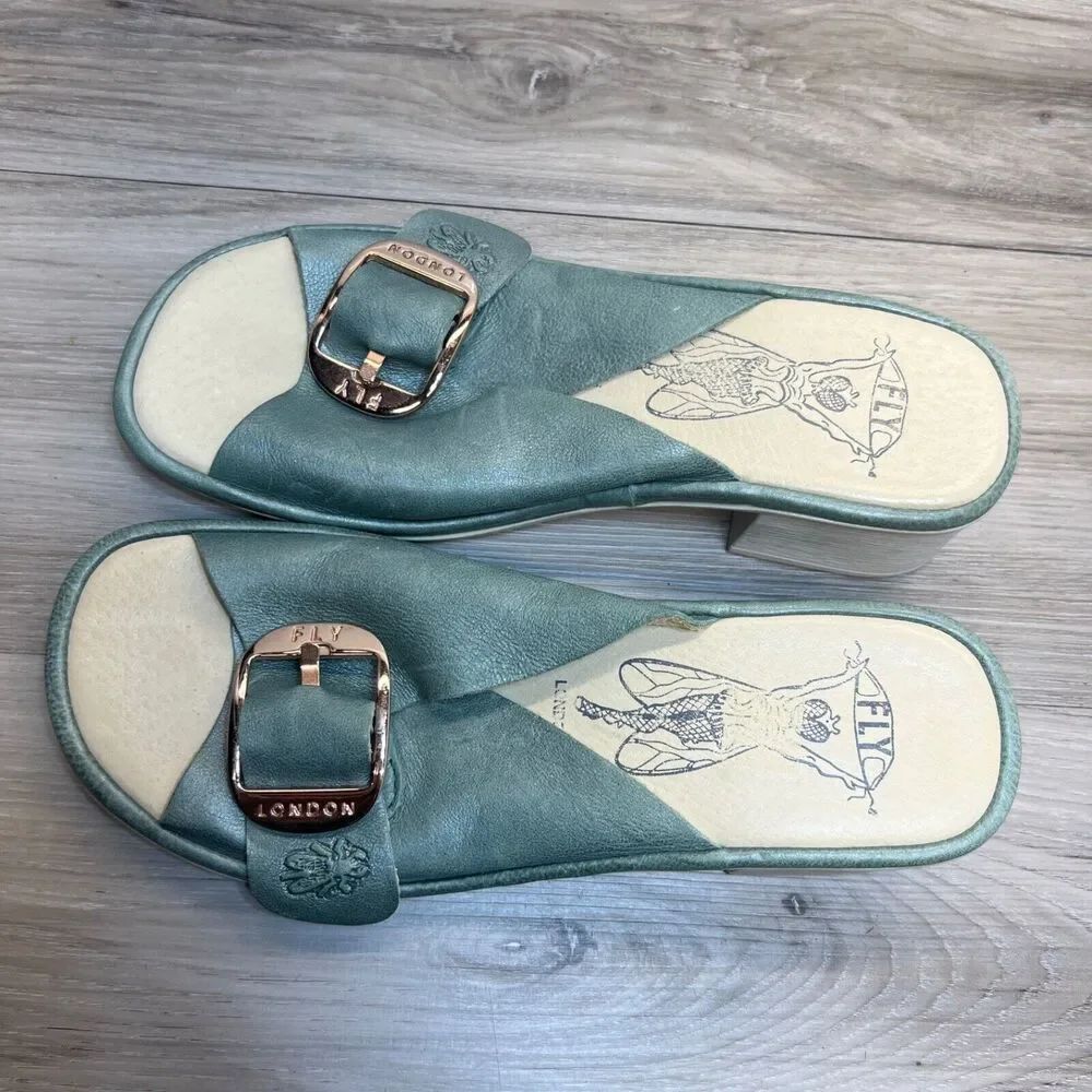 FLY London - Leather Mules Sandals Buckle Detail Elax Jade Green Size 37 6.5 - 7